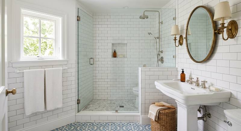 A bright and airy small bathroom featuring white subway tile, a glass walk-in shower, and a vintage-style pedestal sink in a historic home setting