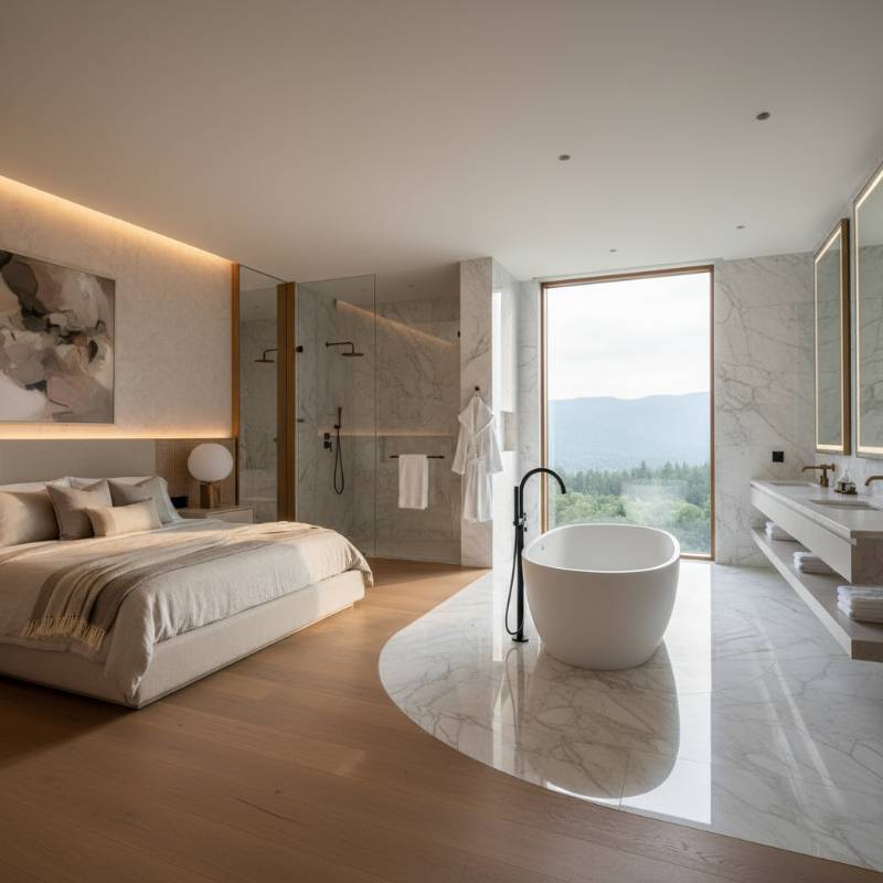 A luxury primary suite featuring a seamless transition between a bedroom with soft neutral tones and an open-concept bathroom with marble flooring and a freestanding tub.