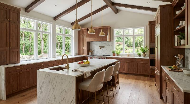 A spacious kitchen in Whitefish Bay featuring large windows, marble countertops, and warm wood cabinetry.