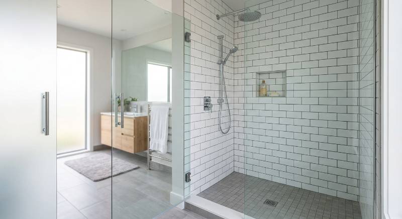 A sleek, modern walk-in shower with white subway tiles and a frameless glass door in a brightly lit bathroom.
