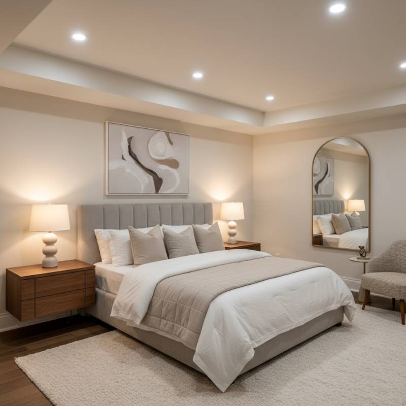 A luxurious basement guest bedroom featuring soft neutral walls, plush bedding, and modern recessed lighting that creates a warm atmosphere.