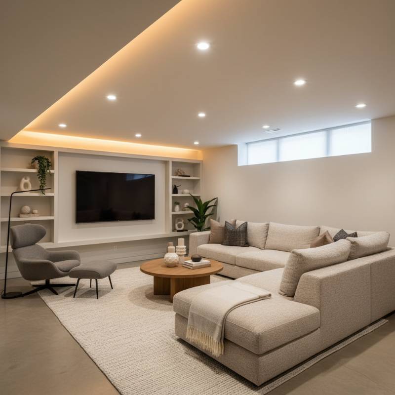 A modern, renovated basement living area with warm recessed lighting, plush sectional seating, and neutral wall colors.