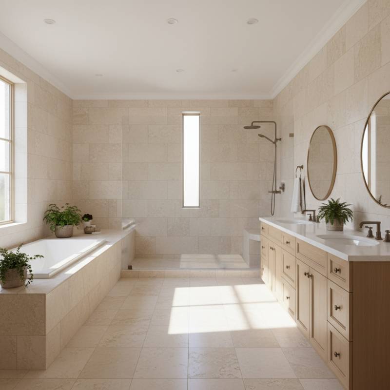 A spacious master bathroom featuring light-colored stone tiles, a large glass-enclosed walk-in shower, and natural light streaming in from a high window.
