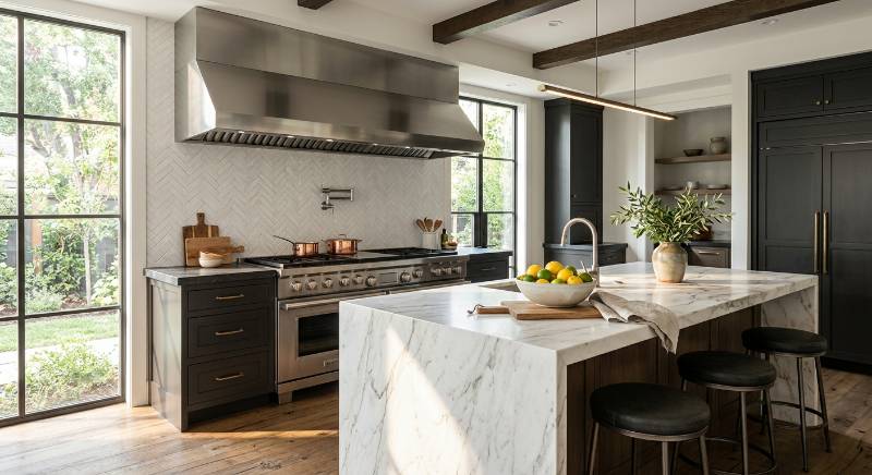 A luxury kitchen featuring a large stainless steel gas range, professional ventilation hood, and a spacious marble island with natural sunlight streaming in.