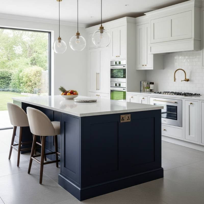 A luxury kitchen featuring a large navy blue statement island with a white quartz countertop and elegant pendant lighting